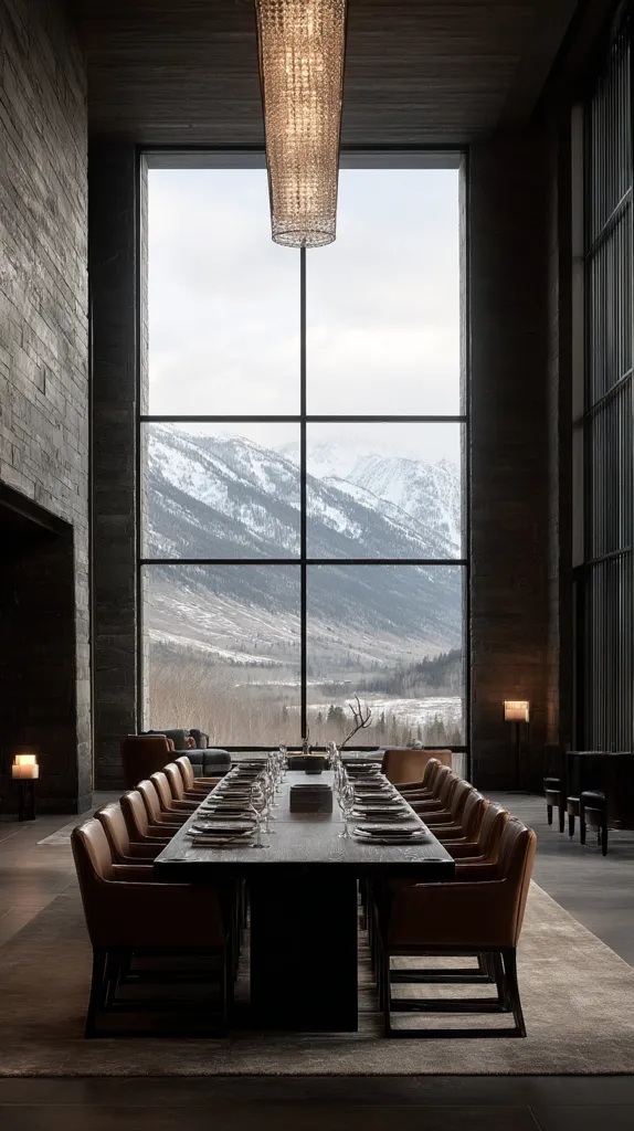 A long, dark wood dining table sits in a modern room with floor-to-ceiling windows showcasing a breathtaking mountain view.  The room is characterized by dark stone walls and a minimalist aesthetic.  Leather chairs surround the table, set for a formal meal. A sleek, crystal chandelier hangs above, completing the sophisticated ambiance. The overall mood is one of calm elegance and natural beauty.