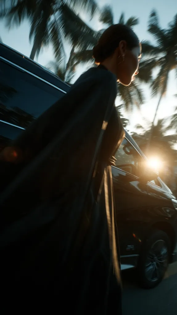A woman in a long, dark cloak stands beside a black luxury SUV.  The setting sun shines brightly behind her, partially obscuring her face.  Palm trees blur in motion behind her, suggesting movement. The overall mood is dramatic and stylish. The image evokes a sense of travel and elegance.