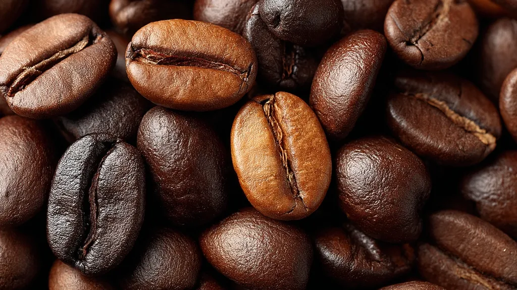 A close-up shot reveals a dense cluster of roasted coffee beans.  The beans exhibit a rich, dark brown hue, with variations in shade and sheen indicating different roasting levels.  Their characteristic oval shape and central fissure are clearly visible, highlighting the textural detail of the beans.  The image evokes the aroma and richness associated with freshly roasted coffee.