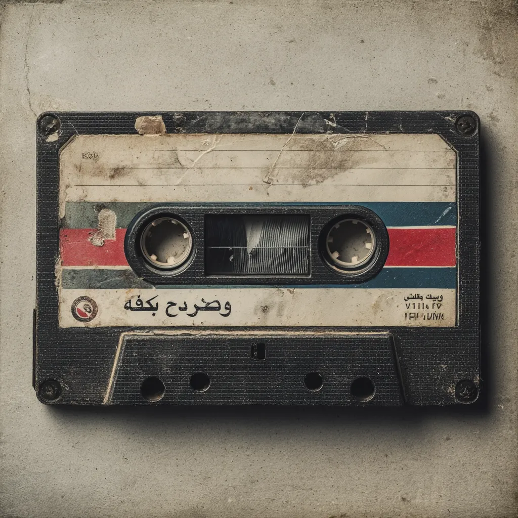 A well-worn audio cassette tape rests against a textured, neutral background.  The tape shows significant signs of age and use, including dirt and scratches on its casing.  Arabic script is visible on the label, suggesting the content's origin or title. The image evokes a sense of nostalgia for analog music formats.