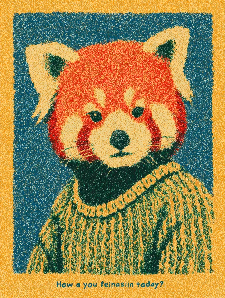 A pointillist-style illustration of a red panda wearing a yellow sweater. The panda's fur is rendered in shades of red and orange, contrasting with the teal background.  The sweater has a textured appearance.  At the bottom, text reads "How a you feinasin today?", a playful, informal greeting. The overall style is retro and whimsical.