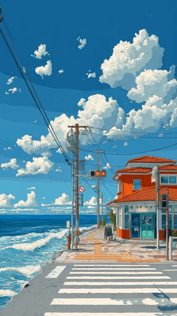 A vibrant illustration depicts a seaside town under a bright blue sky dotted with fluffy white clouds.  A small, orange building with a teal door stands near a pedestrian crossing.  Power lines stretch overhead, leading the eye towards the ocean where waves gently crash against the shore.  The scene exudes a calm, peaceful atmosphere, reminiscent of a summer day.