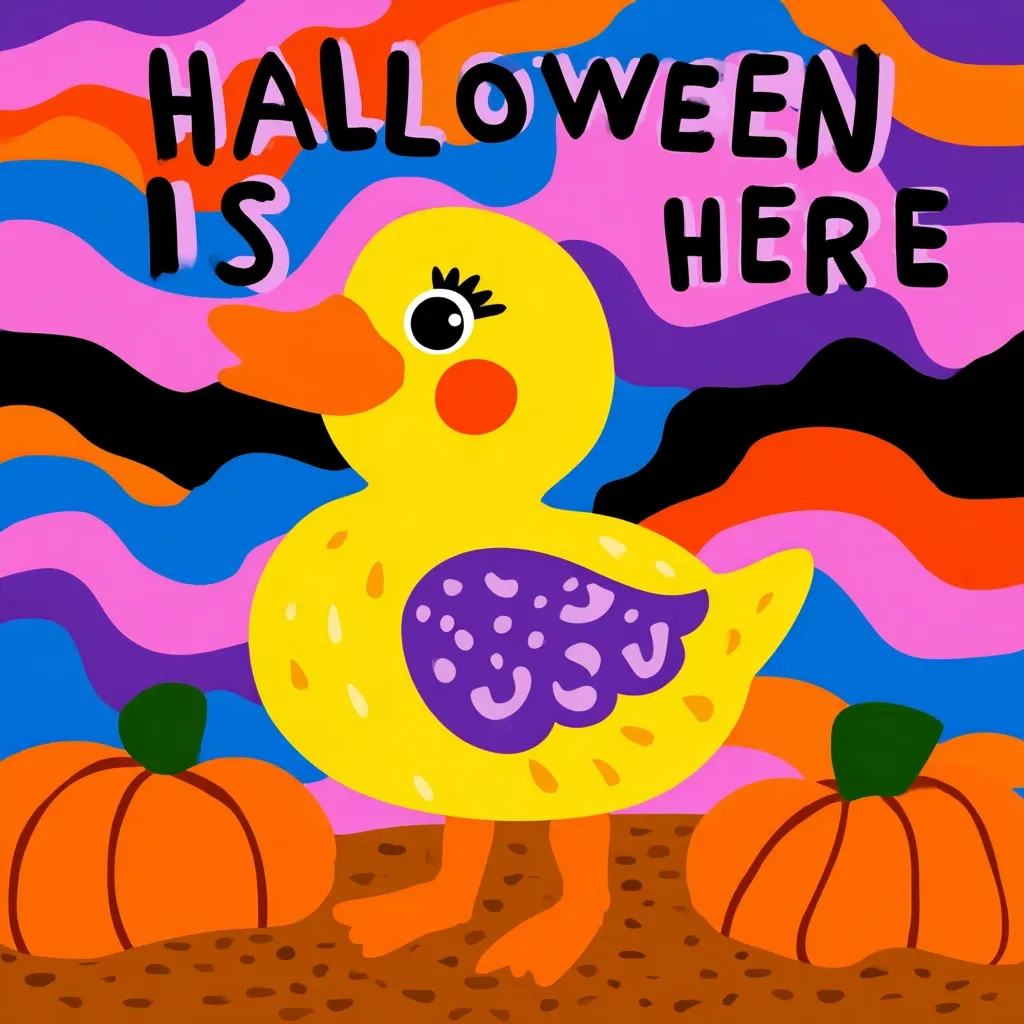 A cheerful yellow duck stands between two pumpkins against a vibrant, psychedelic backdrop of swirling colors.  The words "HALLOWEEN IS HERE" are prominently displayed, announcing the arrival of the spooky season. The illustration is playful and features a cartoonish style, perfect for a Halloween greeting card or children's book.