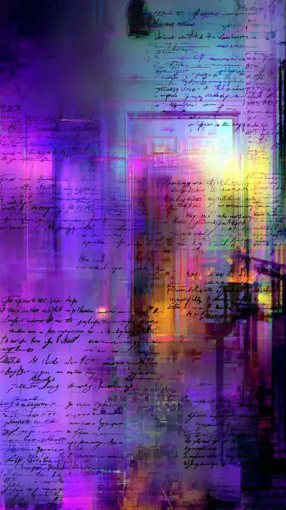 An abstract image featuring overlapping layers of handwritten text in shades of purple, overlaid on a background of fragmented, blurred imagery suggesting a doorway or passage.  The text is illegible, creating a sense of mystery and layered history.  The overall effect is dreamlike and evocative, with a dominant purple and orange hue.