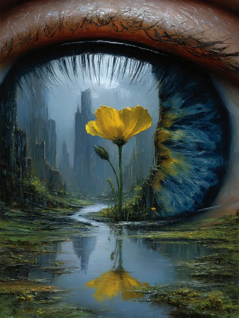 A vibrant yellow flower stands tall amidst a serene, swampy landscape reflected in still water, all viewed through a human eye.  The background reveals a melancholic, grey cityscape, creating a striking contrast between nature's resilience and urban decay. The eye's detail and the painting's texture enhance the dreamlike, surreal atmosphere.  The artwork juxtaposes the beauty of a single bloom against the backdrop of a potentially dystopian world.