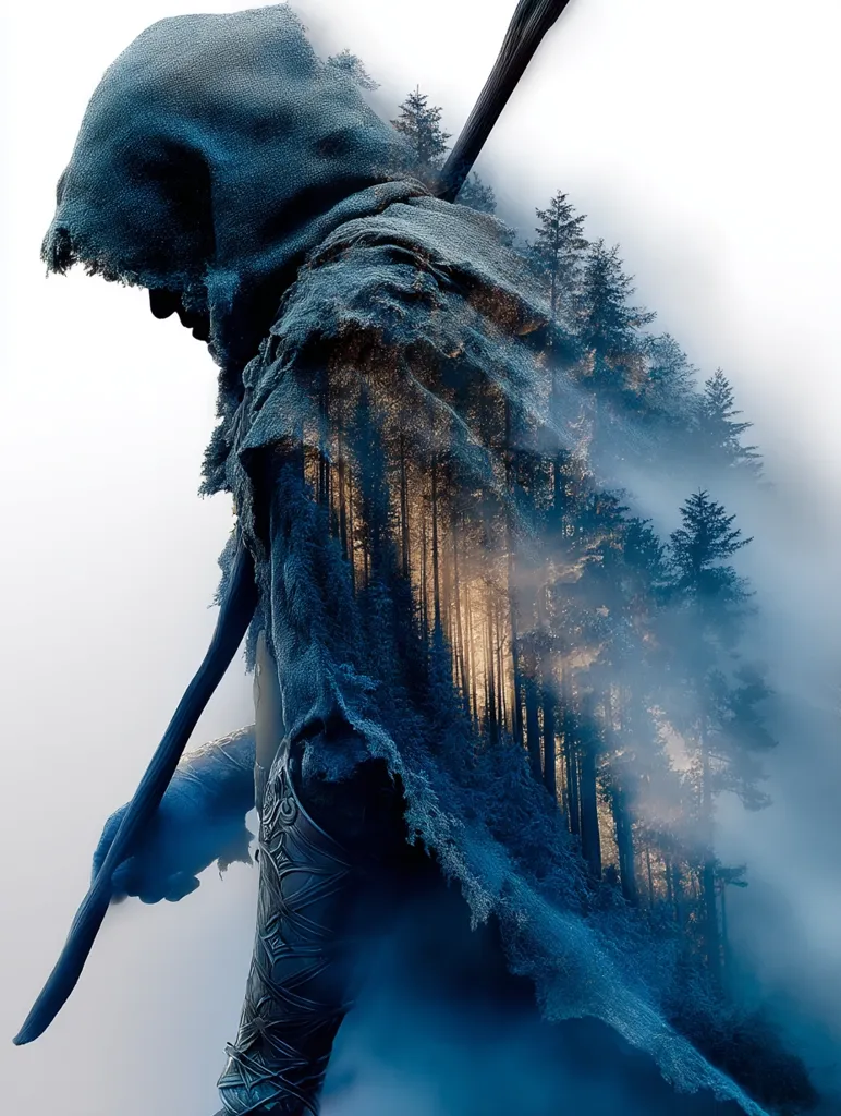 A double exposure image depicts a hooded figure, possibly a warrior or wanderer, holding a long staff.  The figure's cloak blends seamlessly with a misty forest scene, creating a mystical and ethereal atmosphere.  The forest's silhouette, bathed in soft light, is visible within the fabric of the cloak, suggesting a deep connection between the person and nature.  The overall mood is somber and atmospheric.