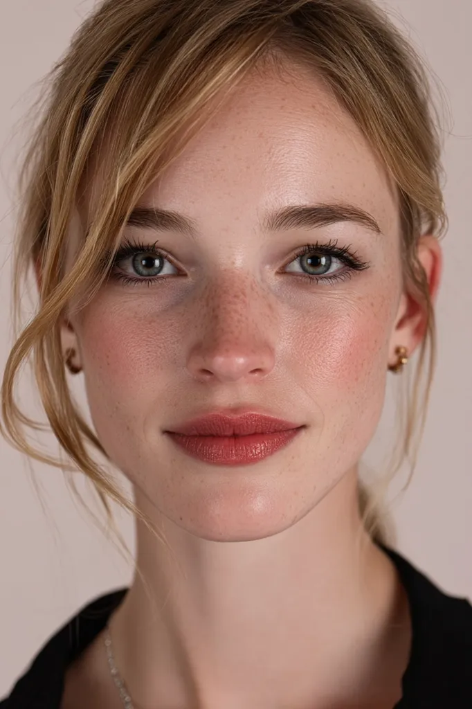 Close-up portrait of a young woman with light brown hair and freckles.  Her hair is styled with loose waves framing her face.  She has subtle makeup, including a peachy-toned lipstick and defined eyes. She wears small gold hoop earrings and a delicate necklace.  Her expression is calm and direct, looking straight at the camera. The background is a plain, light beige.