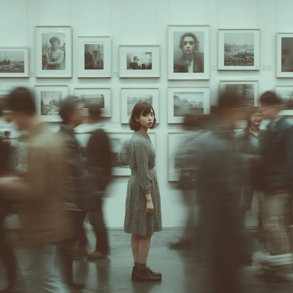 A young woman in a checkered dress stands in profile in an art gallery, her gaze directed away from the viewer.  The gallery walls are filled with black and white photographs.  Blurred figures of other visitors rush past her, creating a sense of motion and contrast to her stillness.  The overall mood is contemplative and slightly melancholic.