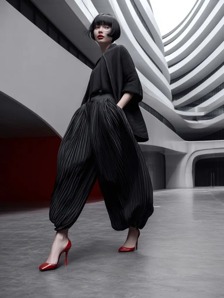 A fashion model with short black hair poses in a modern architectural setting. She wears a black pleated jumpsuit with a cropped black jacket, and striking red high heels. The contrast between her outfit and the sleek, gray building creates a dramatic and stylish image.  The overall aesthetic is minimalist and chic.
