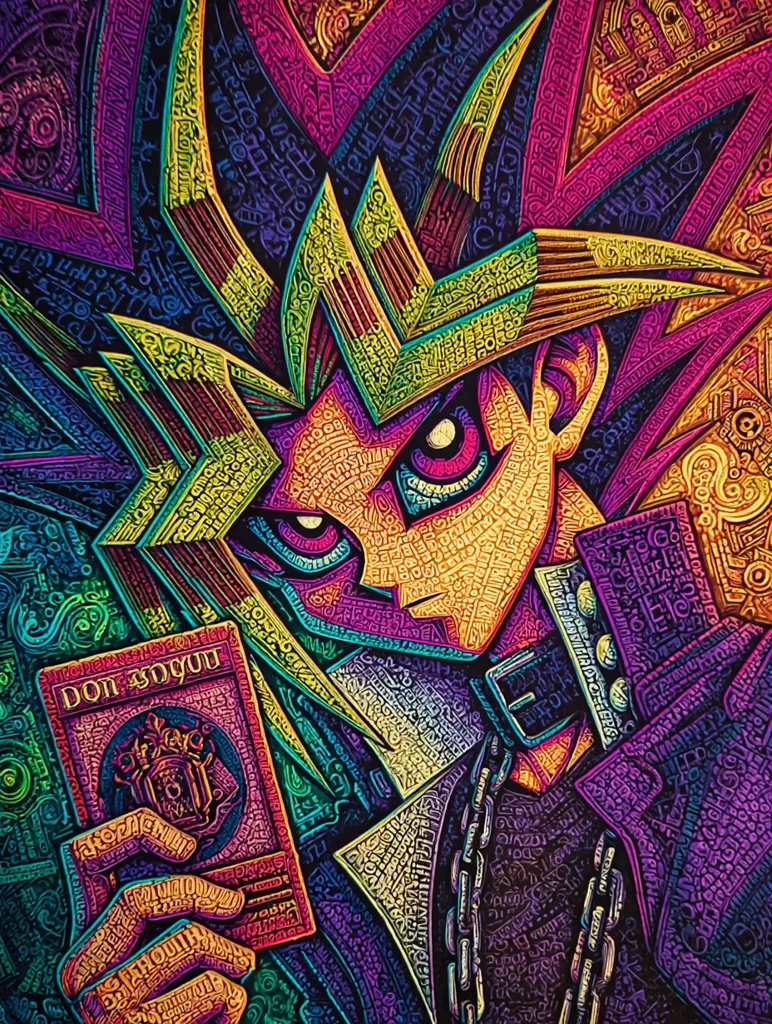 A vibrant, psychedelic artwork depicts Yugi Muto from Yu-Gi-Oh!, rendered in a style resembling intricate scribbles and lettering.  The image is predominantly composed of neon pinks, purples, yellows, and greens. Yugi holds the "Dark Magician" card, his face and clothing detailed with densely packed text, creating a textured, almost three-dimensional effect.  The overall style is bold and visually striking.