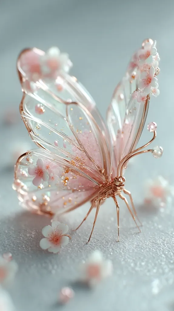A delicate glass butterfly, adorned with tiny pink flowers, rests on a shimmering surface.  Its wings are translucent, showcasing intricate details and embedded glitter. Rose gold wire forms its body and antennae.  Scattered pink blossoms surround the exquisite artwork, creating a dreamy, ethereal scene. The overall aesthetic is romantic and whimsical.