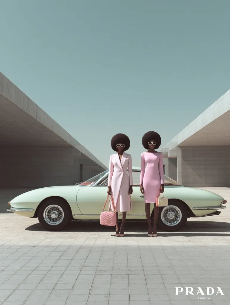Two women with afros, wearing matching pink outfits and sunglasses, stand symmetrically beside a pale green classic car.  They each carry a Prada handbag. The setting is minimalist, featuring a modern concrete structure under a clear sky. The overall aesthetic is stylish and retro-inspired.  The Prada logo is subtly displayed at the bottom.