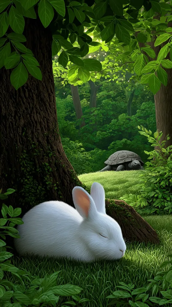 A serene digital painting depicts a white rabbit peacefully sleeping in a lush green forest.  Sunlight filters through the leaves, illuminating the rabbit nestled in the grass at the base of a large tree.  In the background, a dark tortoise slowly moves across a grassy patch, adding to the tranquil atmosphere of the woodland scene. The overall mood is one of calm and natural beauty.