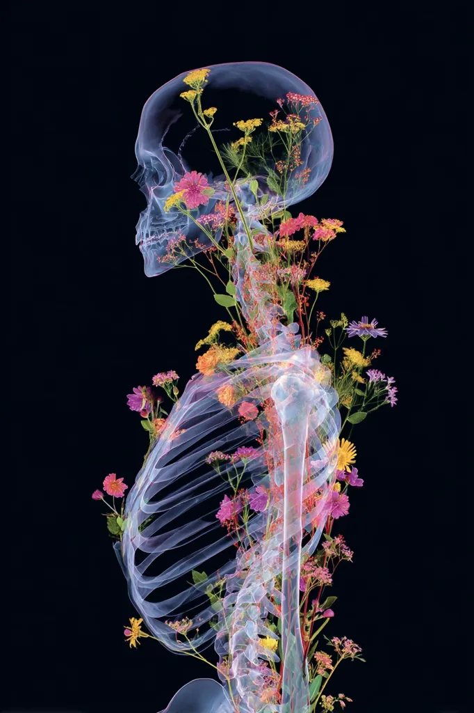 A translucent skeletal figure, seemingly female, is overlaid with vibrant wildflowers. The flowers bloom from the skull, down the spine, and across the ribs, creating a striking contrast between life and death. The image is set against a stark black background, emphasizing the ethereal quality of the composition.  The overall effect is both beautiful and haunting.