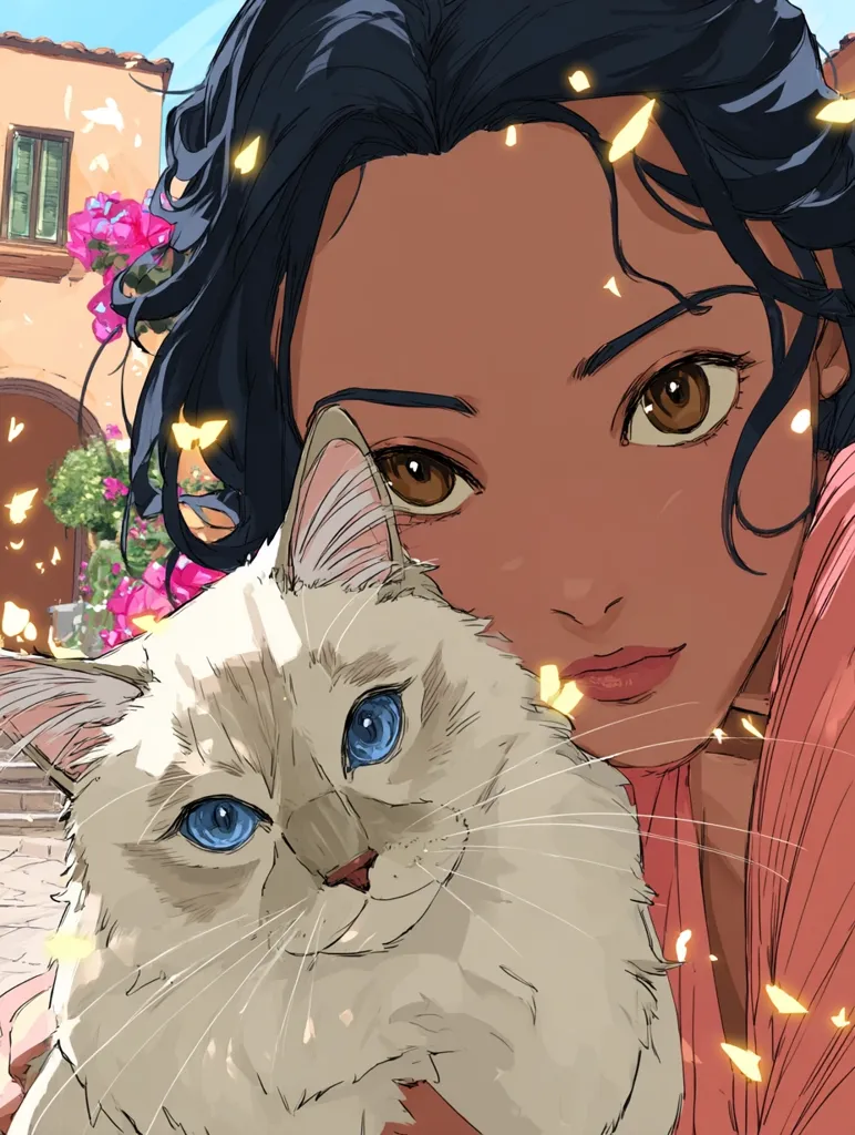 A young woman with dark curly hair and warm brown eyes holds a fluffy white cat with striking blue eyes.  They are surrounded by a whimsical, fairytale-like setting with floating golden particles, suggesting magic or enchantment. The background hints at a sunny Mediterranean town. The overall style is soft, painterly, and evocative of a dreamlike atmosphere.