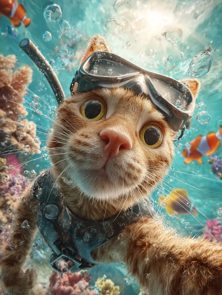 An orange tabby cat, wearing scuba gear, is submerged underwater.  Bubbles surround the cat, which gazes directly at the viewer with wide eyes.  Colorful coral and fish are visible in the background, creating a vibrant underwater scene. The cat appears to be taking a selfie, its paw extended towards the camera.