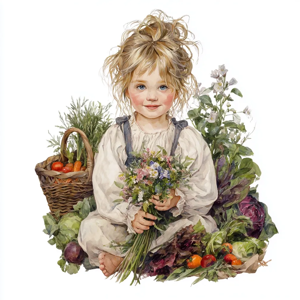 A watercolor painting depicts a toddler girl with blonde, curly hair seated amidst a bountiful harvest.  She holds a bouquet of wildflowers while surrounded by a wicker basket of vegetables and various leafy greens, including cabbage and lettuce.  The girl's clothing is light and simple, enhancing the overall impression of innocence and natural beauty.  The scene is brightly lit, emphasizing the vibrant colors of the flowers and produce.