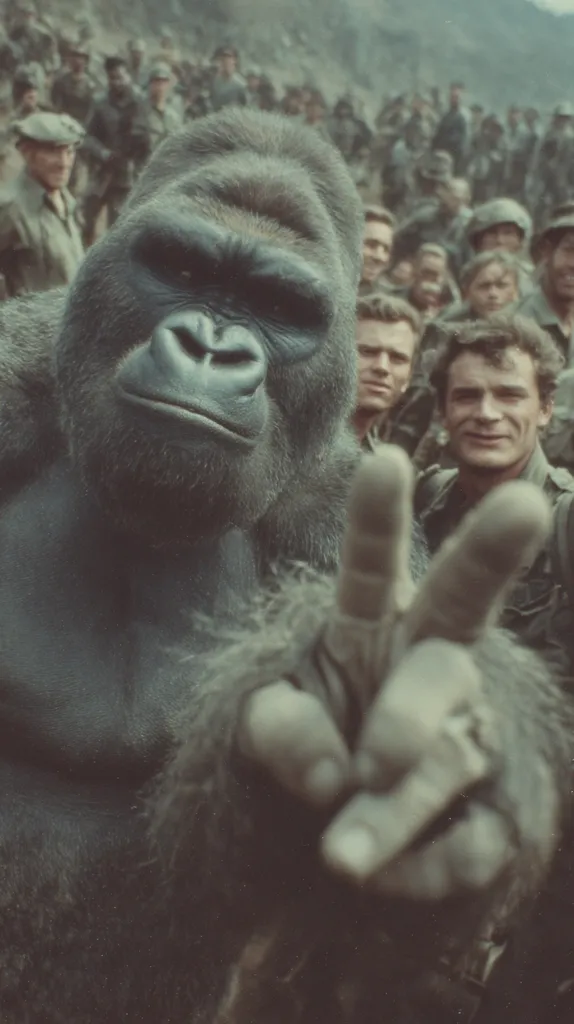 A large gorilla, in the foreground, makes a peace sign with its hand.  Behind the gorilla is a blurred background of numerous soldiers, creating a stark contrast between the primate and the human military presence. The gorilla's expression is calm and almost serene, while the soldiers' faces are mostly indistinct. The image has a vintage, possibly film-still, quality.