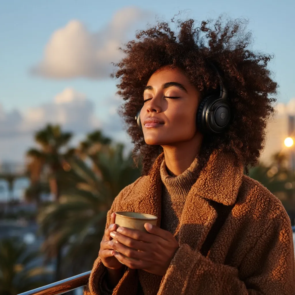 A young woman with voluminous afro hair, wearing a brown teddy coat and over-ear headphones, stands outdoors at sunset.  Her eyes are closed, and she holds a warm beverage in a small cup.  Palm trees and a cityscape are visible in the background, creating a serene and peaceful atmosphere.  She appears relaxed and content.