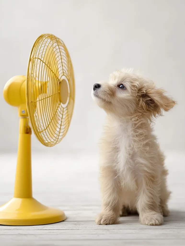 A fluffy, light brown puppy sits attentively before a small, yellow desk fan. The puppy looks up at the fan, its ears slightly back. The scene is set against a bright, minimalist background, suggesting a warm day.  The image evokes feelings of summer heat and the comfort of a cooling breeze.
