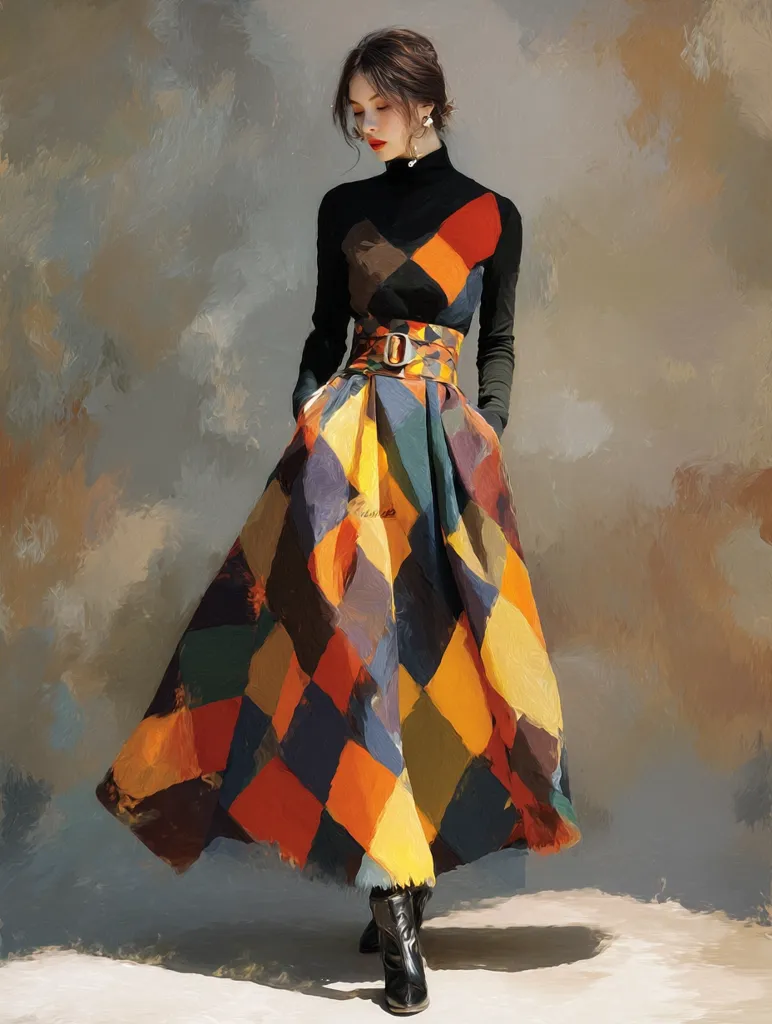 A painting depicts a woman in a striking, multicolored patchwork dress. The dress features a fitted black bodice and a full, A-line skirt in bold geometric patterns of orange, yellow, red, and dark blue.  She wears black ankle boots and has dark hair styled in a neat updo. The background is a textured, muted grey, creating a contrast with the vibrant dress. The overall style is reminiscent of fashion illustration or a modern interpretation of classic portraiture.