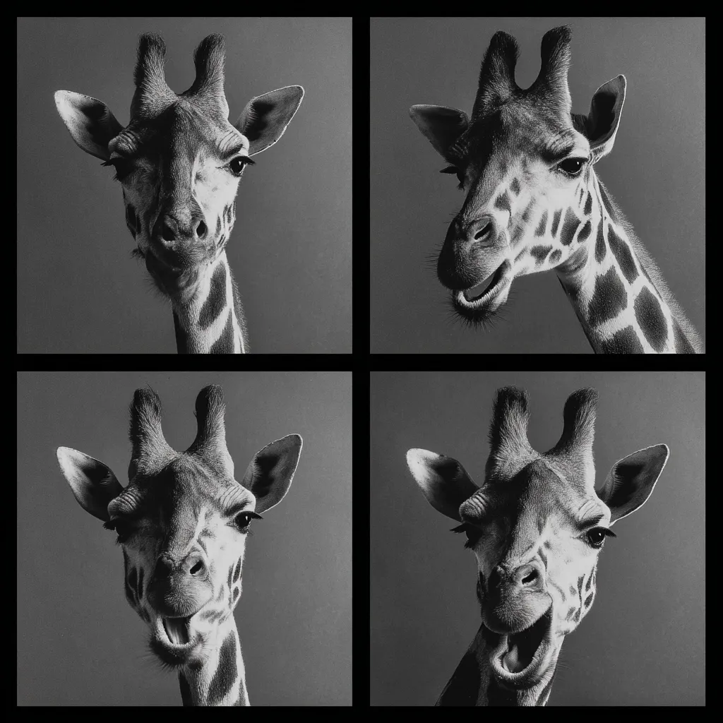 A black and white four-image collage features a giraffe's head and neck. Each image shows the giraffe displaying a different facial expression, ranging from a slightly squinted look to an open-mouthed expression.  The background is a uniform grey, emphasizing the giraffe's features and expressions. The overall mood is playful and humorous.