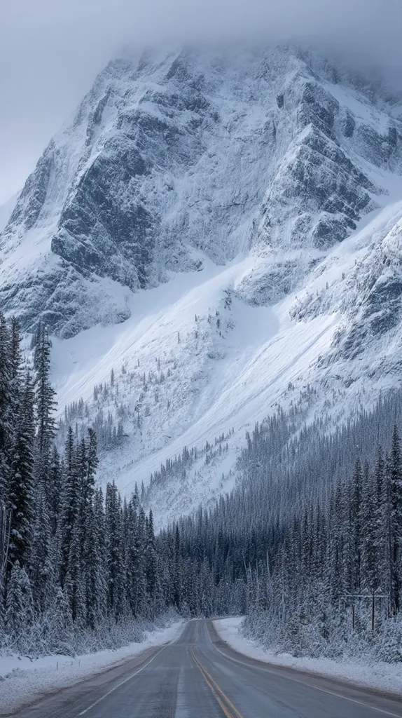 A snow-covered mountain looms large, its rugged peaks dusted with white.  A winding road cuts through a dense, snow-laden evergreen forest at its base, leading the eye towards the imposing mountain. The scene is serene and wintery, with a muted color palette emphasizing the cold, crisp air.  The overall feeling is one of majestic isolation and natural beauty.