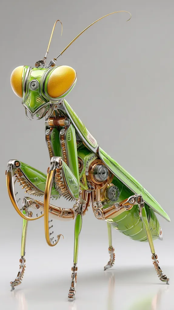 A meticulously crafted 3D rendering showcases a robotic praying mantis.  Its body is a translucent green, revealing intricate golden and silver mechanical components.  The large, yellow eyes and antennae add to its realistic yet futuristic design.  The mantis is posed in a standing position, its legs articulated with impressive detail.  The overall aesthetic is one of steampunk-inspired biomechanics.