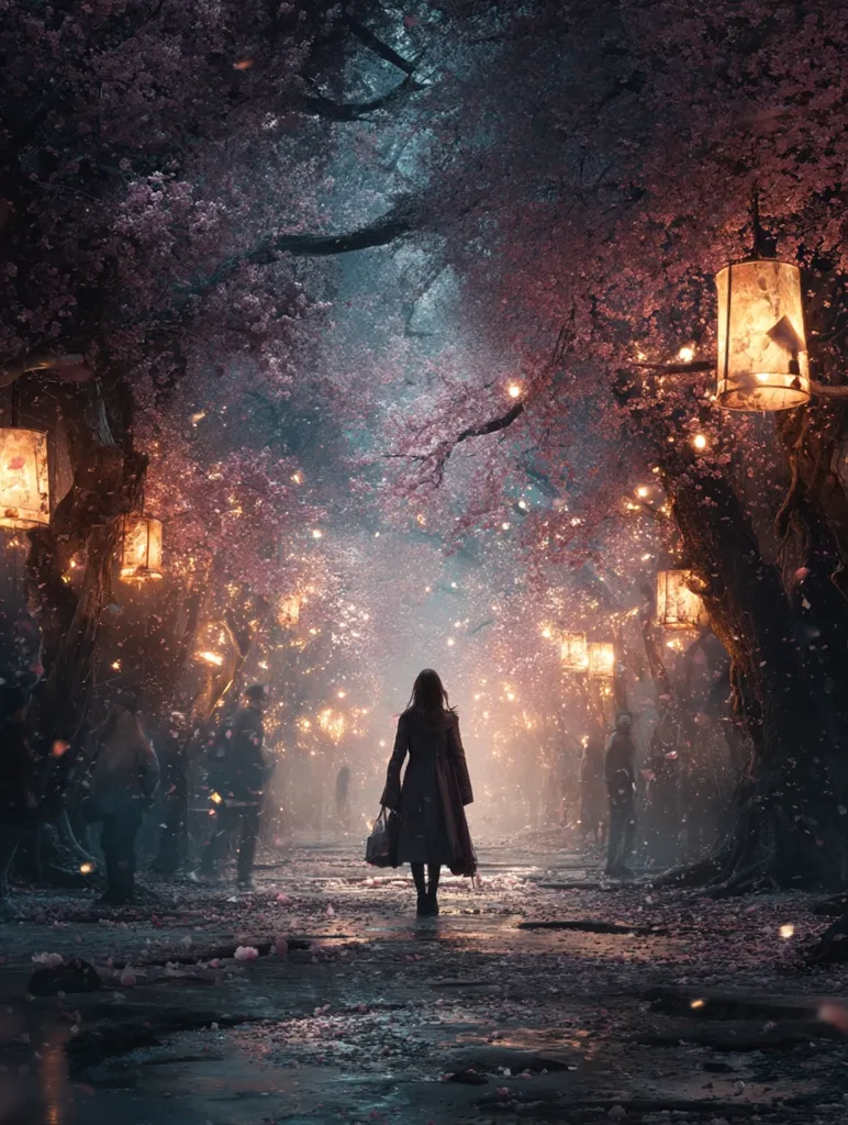 A woman walks down a path illuminated by glowing lanterns hanging from blossoming trees.  Pink petals drift through the air, creating a magical, ethereal atmosphere.  The scene is dimly lit, emphasizing the mysterious and enchanting quality of the path, which is lined with shadowy figures.  The overall mood is serene yet slightly melancholic.