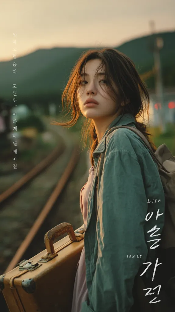 A young woman with long brown hair stands on a railway track at sunset, carrying a vintage suitcase and a backpack.  She's dressed in a teal jacket and a mauve top.  The image has a melancholic and wistful feel, suggestive of travel and departure.  Korean text is overlaid, indicating a song title or album art. The overall mood is serene yet pensive.