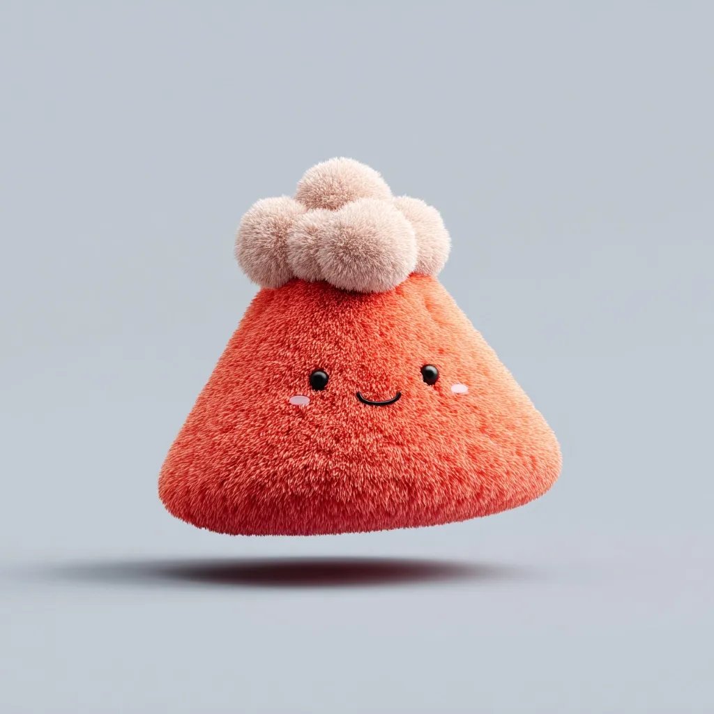 A charming, coral-colored plush toy shaped like a volcano is presented against a light gray backdrop.  The volcano features a fluffy, light beige puff of fur on its peak, resembling smoke.  Its face is adorned with simple, expressive features, conveying a cheerful and friendly demeanor.  The overall texture is soft and inviting, giving the image a cuddly and whimsical feel.