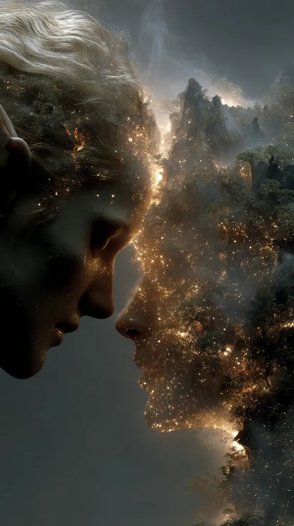 A surreal digital artwork depicts two faces merging, one with flowing blonde hair, the other composed of a glowing, star-like landscape.  The faces are intertwined, their profiles gently touching, creating a sense of connection and unity.  The background is dark and moody, contrasting with the ethereal golden light emanating from the landscape face. The overall impression is one of ethereal beauty and spiritual connection between nature and humanity.