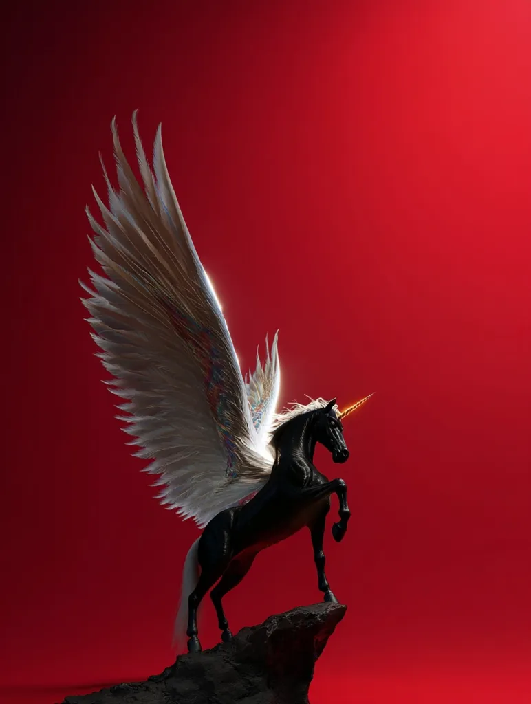 A majestic black unicorn, adorned with large, feathery white wings, stands proudly atop a dark rock against a vibrant red backdrop.  The unicorn's horn gleams, and its pose conveys strength and grace. The image is sharply lit, creating a dramatic contrast between the dark creature and the bright background.  The overall aesthetic is fantasy-inspired, imbued with power and mystique.