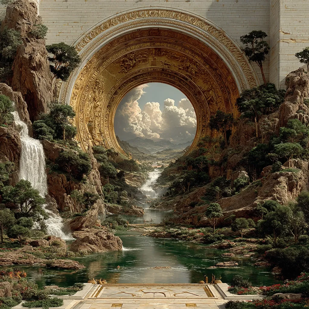 A majestic golden archway, intricately carved, frames a serene landscape.  Waterfalls cascade down rocky cliffs into a tranquil river winding through lush greenery.  The archway acts as a portal, revealing a valley beyond, bathed in sunlight and fluffy clouds.  The scene blends classical architecture with idyllic natural beauty, creating a fantastical and harmonious composition.  Small figures are visible near the water, adding a sense of scale and peaceful coexistence.
