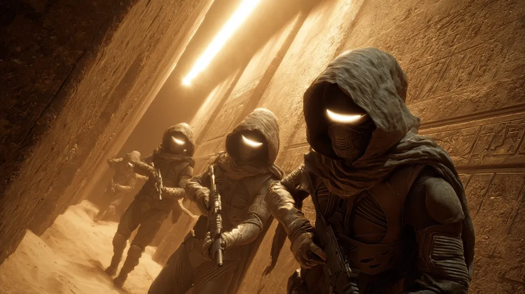 Three figures in hooded cloaks and armored suits, carrying weapons, walk through a narrow, sandy corridor within ancient stone walls.  The walls are adorned with hieroglyphic-like carvings.  A warm, golden light illuminates the scene, creating a dramatic and mysterious atmosphere. The figures' faces are obscured by their hoods, adding to the sense of mystery.