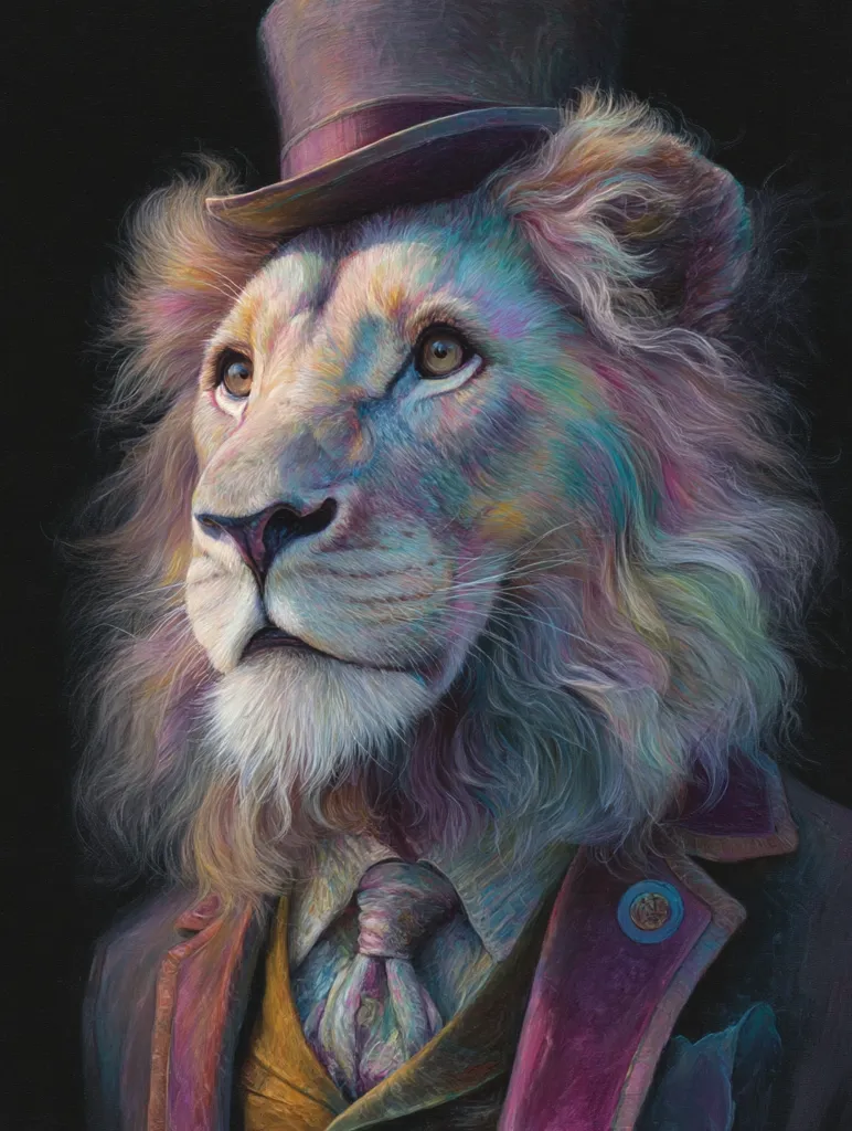 A majestic lion, rendered in vibrant, iridescent hues, is depicted wearing a top hat and a dapper waistcoat.  His mane is full and textured, his expression thoughtful and regal. The artwork combines realism with a fantastical flair, showcasing the lion in a surprisingly sophisticated and elegant attire. The dark background enhances the lion's colorful features.