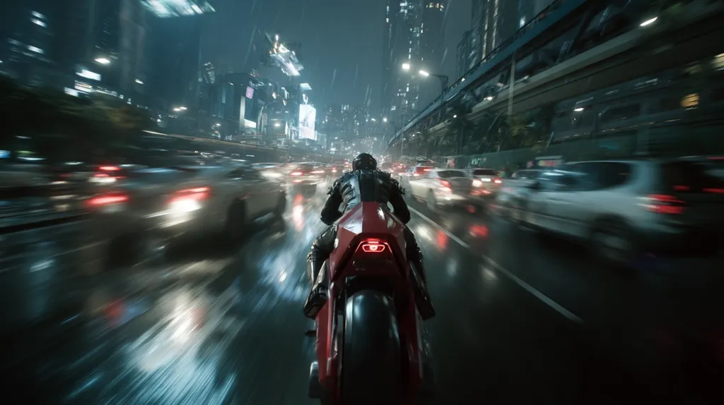 A motorcyclist speeds through a rain-soaked futuristic city at night.  Surrounded by blurred cars and towering skyscrapers, the rider's red motorcycle cuts through the dense traffic.  The scene is dark and atmospheric, with neon lights reflecting on the wet pavement. The overall impression is one of speed, danger, and a cyberpunk aesthetic.
