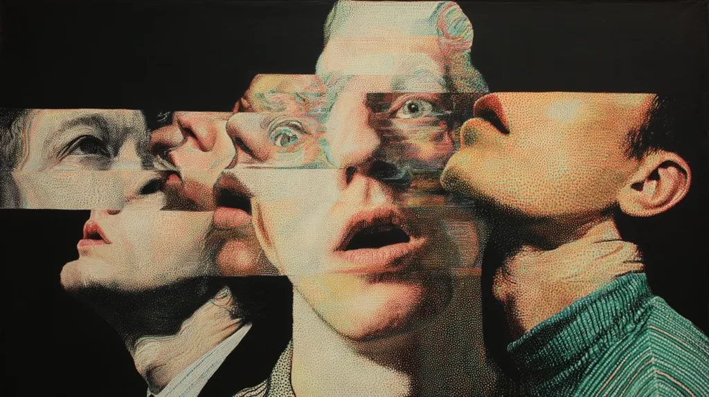 A pointillist-style artwork depicts fragmented faces, creating a disjointed and surreal portrait.  Multiple male faces are layered and overlapping, with sections appearing digitally glitched or distorted. The central face is in a state of shock or surprise, with its mouth agape.  The dark background emphasizes the vibrant colors of the faces.  The overall effect is one of fragmented identity and emotional intensity.