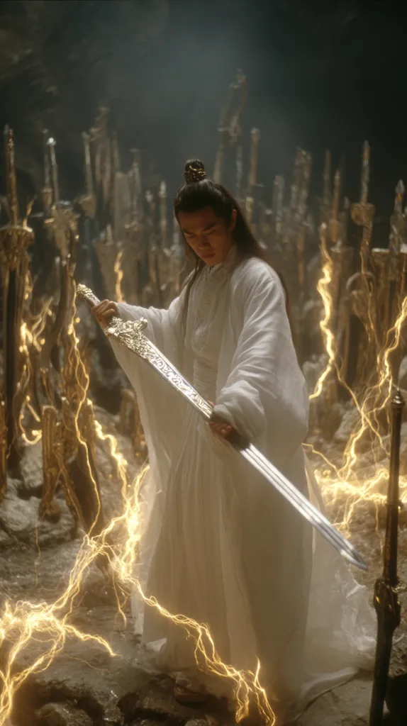 A young man, clad in flowing white robes, stands amidst a cavern filled with numerous swords. He holds aloft a long, ornate sword, its blade gleaming.  Golden energy crackles around him and the weapons, creating a mystical and powerful atmosphere.  The scene evokes a sense of ancient power and possibly a legendary quest.