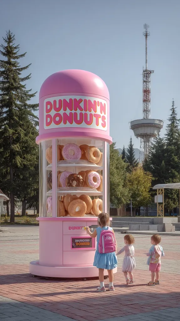 A giant pink Dunkin' Donuts vending machine stands in a plaza, filled with various donuts. Three young children, two girls and a boy, stand in front of it, with one girl interacting with the machine.  The scene is set against a backdrop of trees and a tall communication tower under a clear blue sky. The overall aesthetic is bright, cheerful, and slightly surreal.