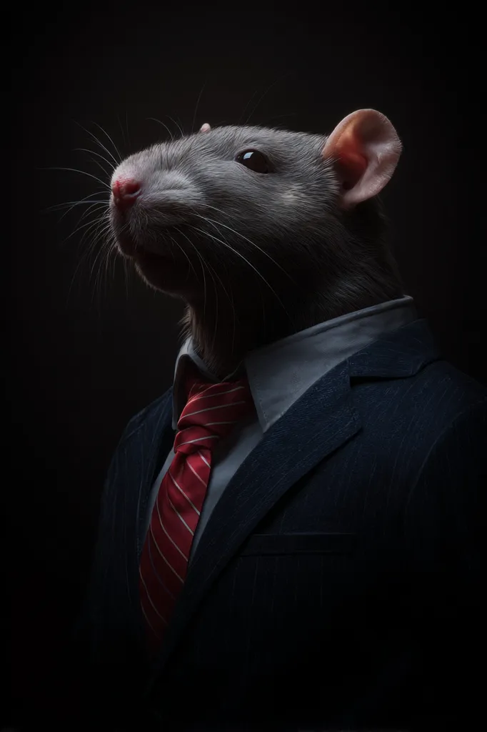 A dark, dramatic close-up reveals a rat's head seamlessly blended into the upper body of a man in a dark pinstripe suit and red tie.  The rat's serious expression and the formal attire create a striking juxtaposition, suggesting a concept of power, deception, or unexpected leadership. The low-light setting adds to the mysterious ambiance.