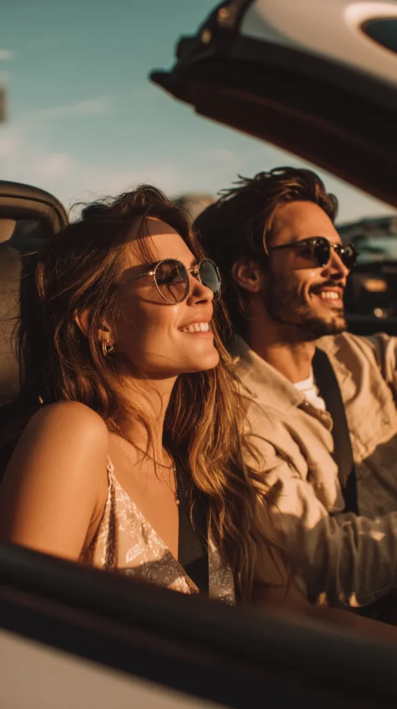 A young couple enjoys a scenic drive in a convertible.  The woman, with long brown hair and round sunglasses, sits beside her male companion, who also wears sunglasses.  Golden sunlight bathes them as they gaze towards the horizon, seemingly lost in the moment. The car's interior and the open road create a feeling of freedom and adventure.