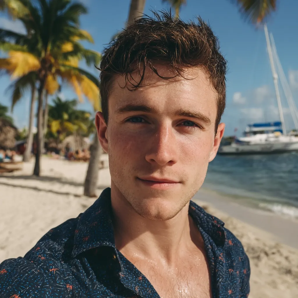 A young man with short, dark hair takes a selfie on a tropical beach.  He's wearing a dark button-down shirt with a subtle pattern.  Palm trees and a sailboat are visible in the blurred background, suggesting a sunny, vacation setting.  His expression is serious and direct, engaging the viewer.  The overall mood is relaxed yet stylish.