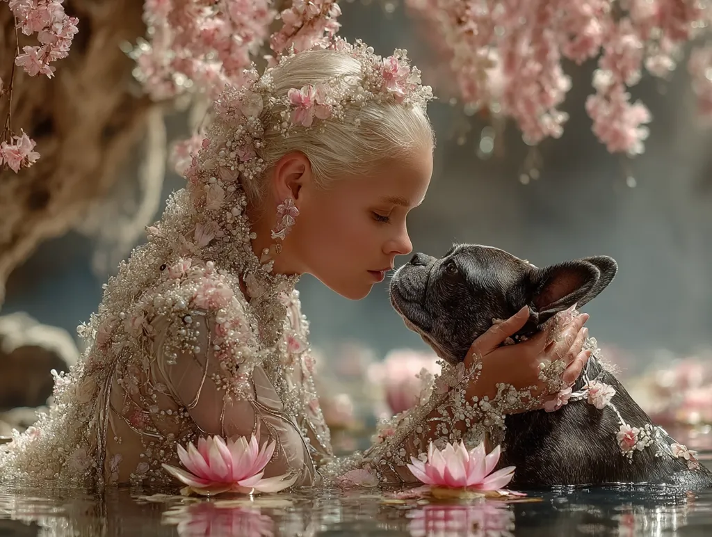 A young girl, adorned in an exquisite, flower-embellished gown, leans to gently kiss her French Bulldog companion.  Pink blossoms cascade from above, framing the scene as they both partially submerge in calm water, surrounded by pink water lilies. The image evokes a sense of ethereal beauty and tender affection between the girl and her pet.