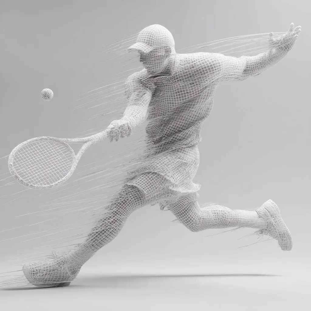 A wireframe rendering of a tennis player in dynamic motion.  The player, wearing a cap and shorts, is depicted mid-swing, racquet connecting with a ball, with motion trails suggesting speed and energy. The monochromatic design emphasizes the form and movement of the athlete against a neutral background.  The style is abstract yet clearly represents the action of the sport.