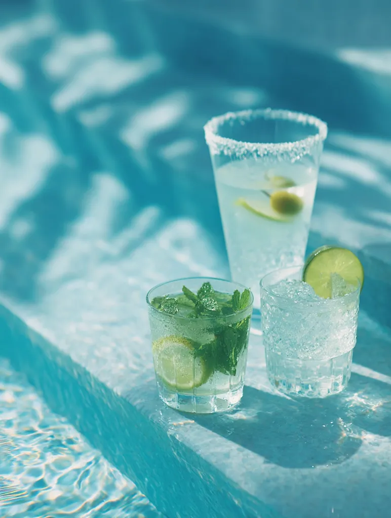 Three refreshing summer drinks sit by a turquoise pool.  A tall glass with a salted rim contains a pale yellow beverage with a lime wedge. Two shorter glasses hold icy drinks; one features muddled mint and lime, the other is garnished with a lime slice.  Sunlight casts shadows on the pool's surface and the cool drinks. The scene evokes relaxation and summer enjoyment.