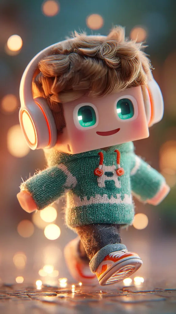 A charming, pixelated boy character strolls through a bokeh-filled scene.  He wears oversized white headphones, a teal sweater with a snowflake design, and orange sneakers. His bright, friendly eyes and boxy head give him a unique, endearing quality.  The warm, ambient lighting enhances the whimsical atmosphere.  He appears to be walking on a cobblestone street with glittering particles surrounding his feet.