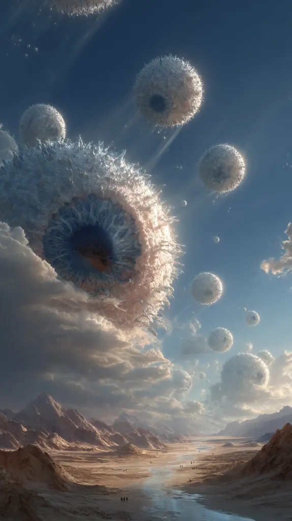 A surreal landscape unfolds beneath a dramatic sky.  Giant, eye-shaped clouds dominate the upper atmosphere, surrounded by numerous smaller, spherical clouds.  These celestial bodies appear to be descending towards a vast, sandy desert with distant mountains.  Small figures can be seen walking along a stream in the foreground, adding a sense of scale to the otherworldly scene. The overall mood is one of awe and mystery.