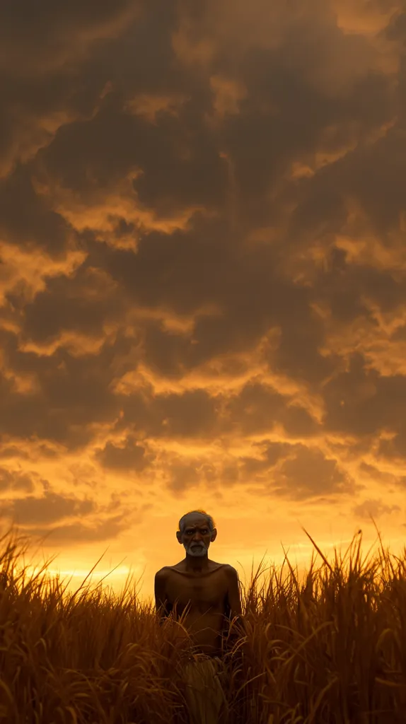 A silhouette of an elderly, bare-chested man stands amidst tall, golden grass against a vibrant sunset.  The sky is a dramatic blend of dark and fiery orange clouds, creating a powerful contrast with the man's stoic figure. The image evokes a sense of age, resilience, and the beauty of a rural landscape at twilight.