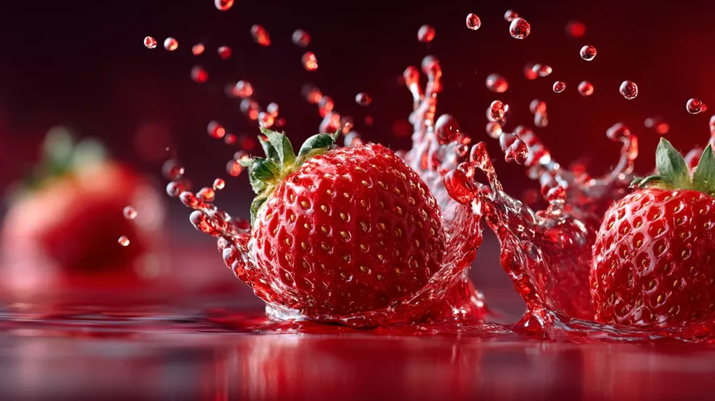 Two ripe strawberries create a vibrant splash in a pool of red liquid.  The image is a close-up, showcasing the juicy texture of the fruit and the dynamic movement of the water.  Red droplets are suspended in the air, adding to the feeling of freshness and energy. The background is a dark, blurred red, focusing attention on the strawberries and their watery impact.